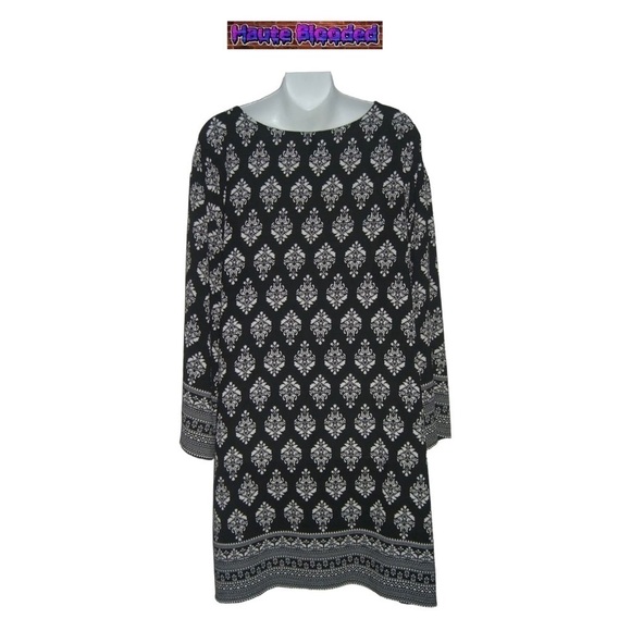 Pacific Beach Bohemian Shirt Dress Black & White Boho Print Tie Neck Plus Sz 3X - Picture 6 of 13